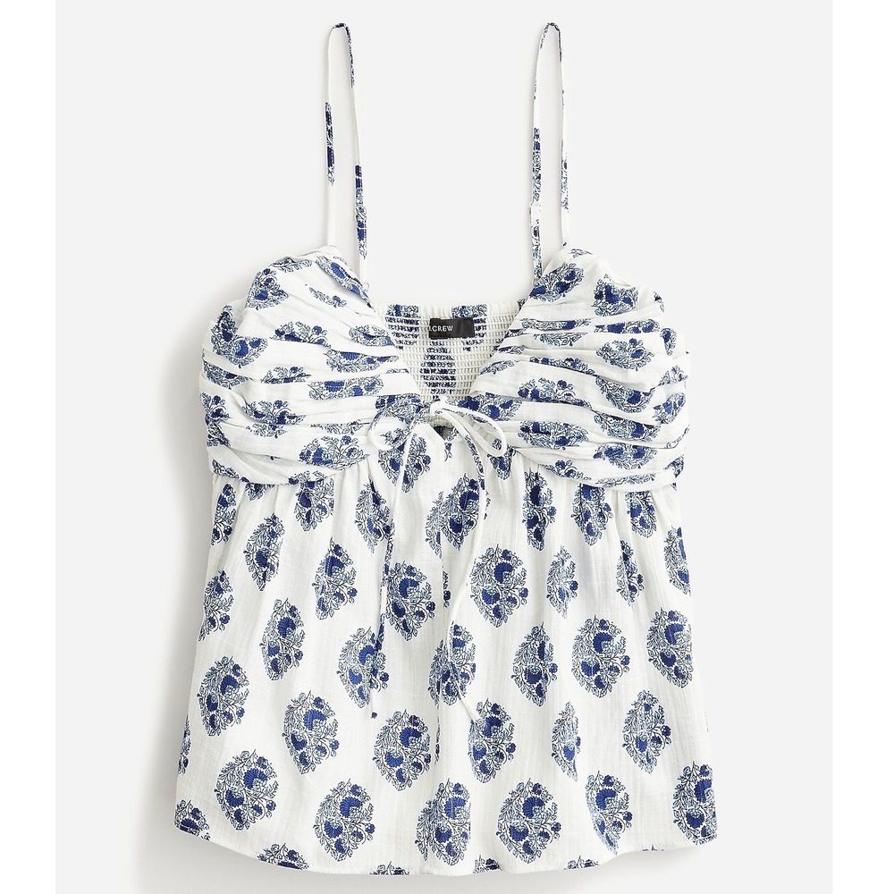 J.Crew Gathered Lurex Gauze Camisole Floral Block Print Blue White Size 10